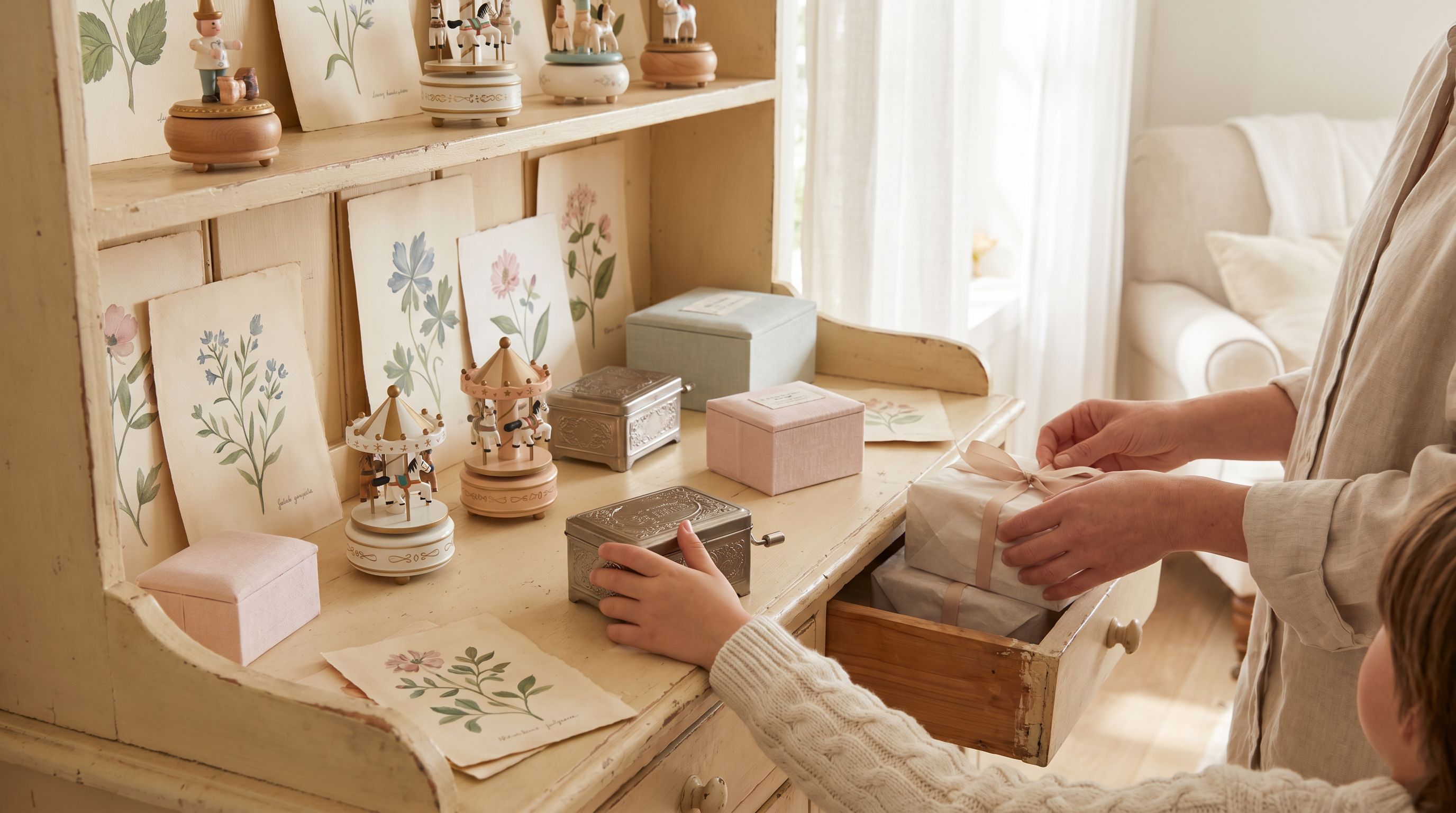 Boîte à musique sur surface crème — scène éditoriale d'atelier